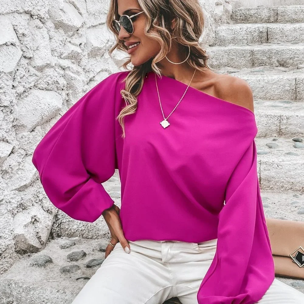 Hot Pink  Asymmetrical Neck Lantern Sleeve Blouse_4